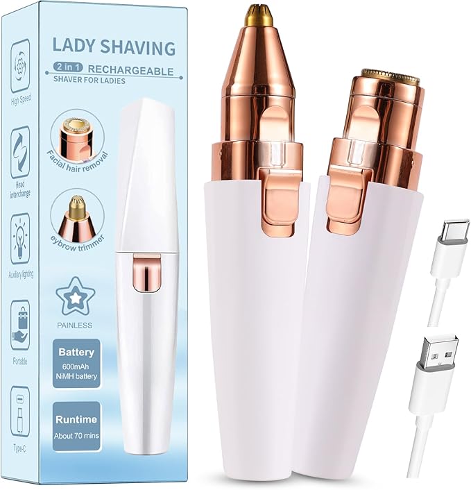 Facial Hair Removal for Women,2 in 1 Electric Hair Removal Device for Chin Upper Lip Peach Fuzz & Rechargeable Eyebrow Trimmer with LED Light for Precise Shaping