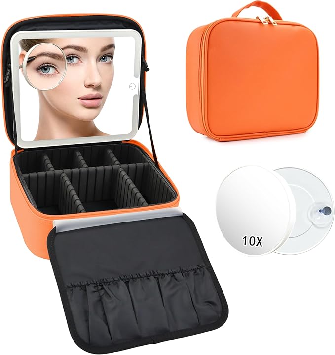 Travel Makeup Bag with LED Mirror and 10x magnifying glass with 3 Lighted Settings, Adjustable Dividers and Makeup Brush Storage Bag Orange
