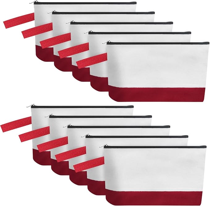 10 Pieces Cotton Canvas Makeup Bag with Bottom and Strap, Multi-Purpose Cosmetic Bag with Zipper Travel Toiletry Pouch, Blank DIY Craft Bag (White&Red, XS)