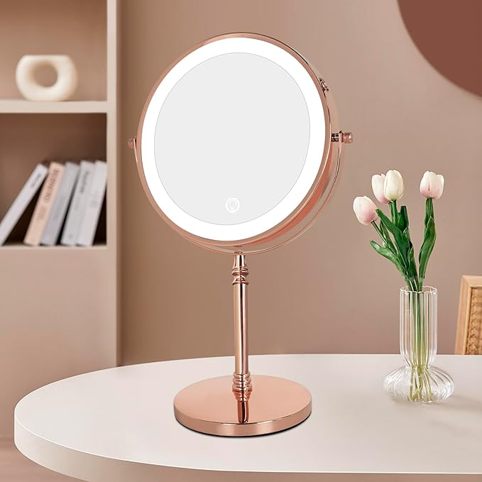 Nicesail 1X/10X Magnifying Mirror with 3 Color Dimmable Lighting, Makeup Mirrors Light up and Magnified with 360 Rotation for Table, Rose Gold(8 Inch, 10X Magnification)
