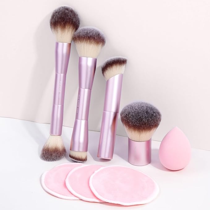 MAANGE 9 PCS Makeup Brush Set Foundation Brush Double Makeup Brushes for Blending Liquid Powder Concealer Cream Blush Buffe Contour Make up Brush Kit (Pink)