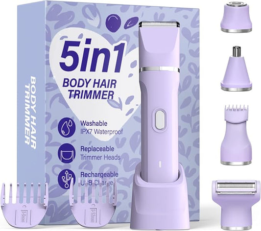 5-in-1 Bikini Trimmer for Women, IPX7 Waterproof Electric Razors Shaver, Cordless Body Hair Trimmer, Facial & Pubic Hair Removal, Ceramic Blade (Light Purple)