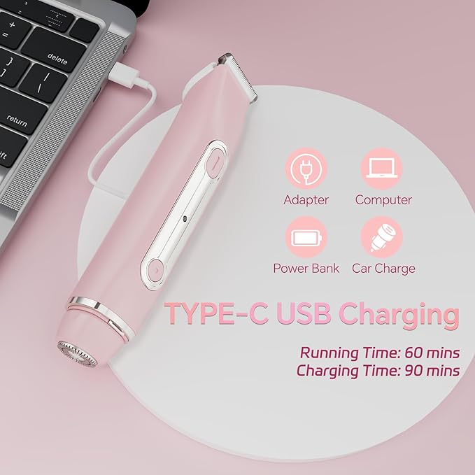 RUIM 2-in-1 Bikini Trimmer for Women, Dual Head Electric Razors, IPX6 Waterproof Women Electric Shaver, Painless Body Facial Hair Removal, Pink