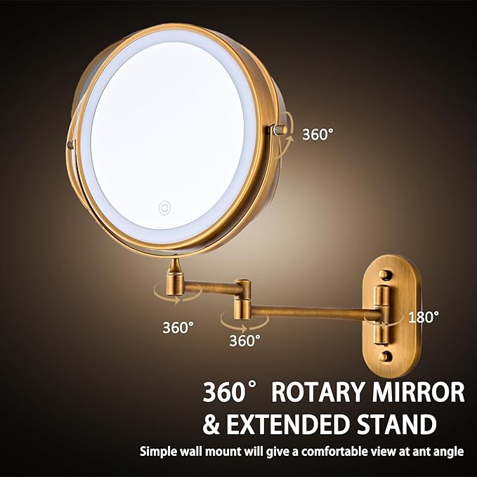 Rechargeable Wall Mounted Lighted Makeup Vanity Mirror 8 Inch Double Sided 1X 10X Magnifying Bathroom Mirror, 3 Color Lighting, Touch Screen Dimming, 360 Rotation Shaving Mirror…