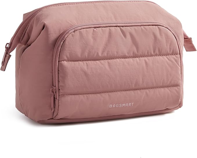 BAGSMART Makeup Bag Travel Toiletry Bag, Puffy Padded Make Up Bags for Women, Makeup Organizer Wide-open Pouch Purse, Travel Essentials for Toiletries Accessories Brushes, Dark Pink