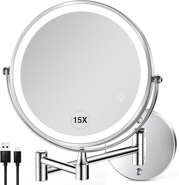 Wall Mounted Lighted Makeup Mirror: 8.5 Inch Double Sided Makeup Mirror with 1X/15X Magnification for Vanity, Bathroom, and Shaving - Chrome