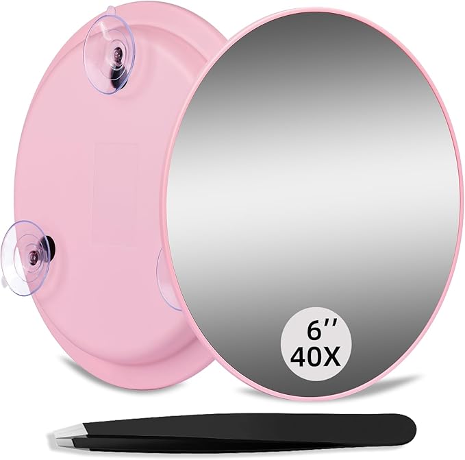 40X Magnifying Mirror, Round 40X High Power Magnification 6inch Large Travel Magnifying Mirror with 3 Suction Cups Mounting, Powerful 40x Makeup Magnification with Tweezers Set