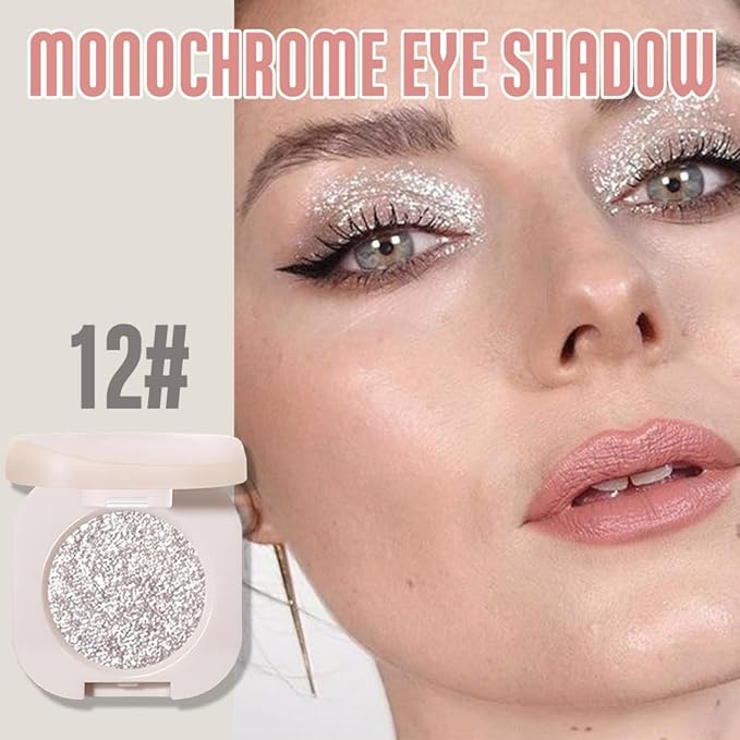 Monochrome Glittler Shimmer Eyeshadow Palette,Silver Gray White Shimmer Powder Eyeshadow,24 Hour Waterproof Pressed Glitter Single Eye Shadow Apply Makeup Easily