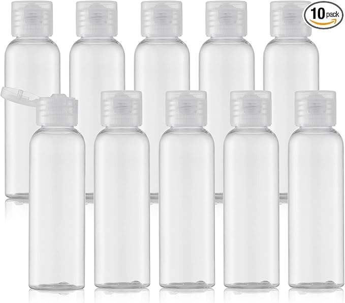 Tekson Travel Bottles Empty 2oz (10 PCS), Plastic Travel Size Cosmetic Container, TSA Amber Squeeze Bottle for Shampoo, Conditioner (Flip Cap)