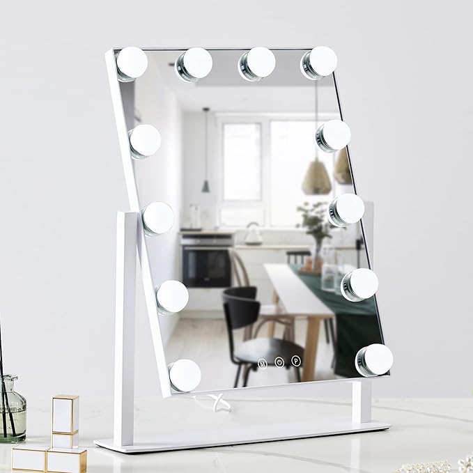 HIEEY Hollywood Vanity Mirror with 12 Dimmable Bulbs Lights, Three Color Lighting Modes, and 5X Magnification, Smart Touch Control, 360°Rotation (White,Gift Box)