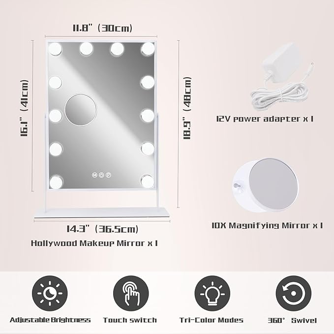 COOLJEEN Makeup Mirror Vanity Mirror with Lights - 12 Led Bulbs Lighted Hollywood Mirror, 10X Magnification,3 Color Modes, Touch Control, Women Gift (White)