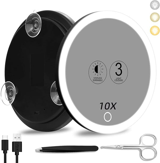 10x Lighted Magnifying Mirror with Suction Cups, Large 6'' Magnified Mirror with Light High Magnification Travel Makeup Mirror, Rechargeable Battery, 3 Colors Dimming Light, with Tweezers &Scissors