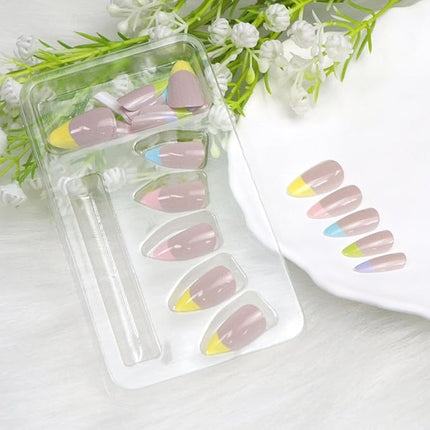 Short Press on Nails Almond Colorful French Tips Fake Nails with French Designs Glossy Glue on Nails Press ons Cute Acrylic Nail Pink Full Cover Artificial Stick on Nails for Women 24 Pcs