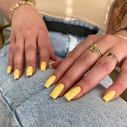 Yellow Press on Nails Long Square, KXAMELIE Medium Coffin Nails Press ons Long Glue on Nails Natural Thick Fake Long Nails Acrylic Nails Reusable 24 Fake Nails Solid Color False Nails for Women