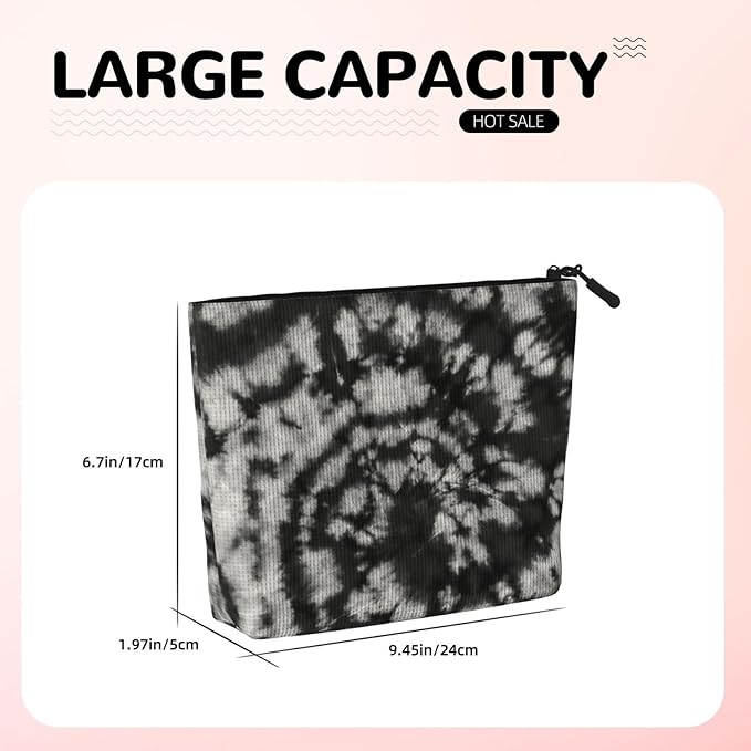 MOLAIGIN Tie Dye Black White Grey Cosmetic Bag For Women, Travel Makeup Bag, Toiletry Zipper Bag, Large Capacity Aesthetic Cases