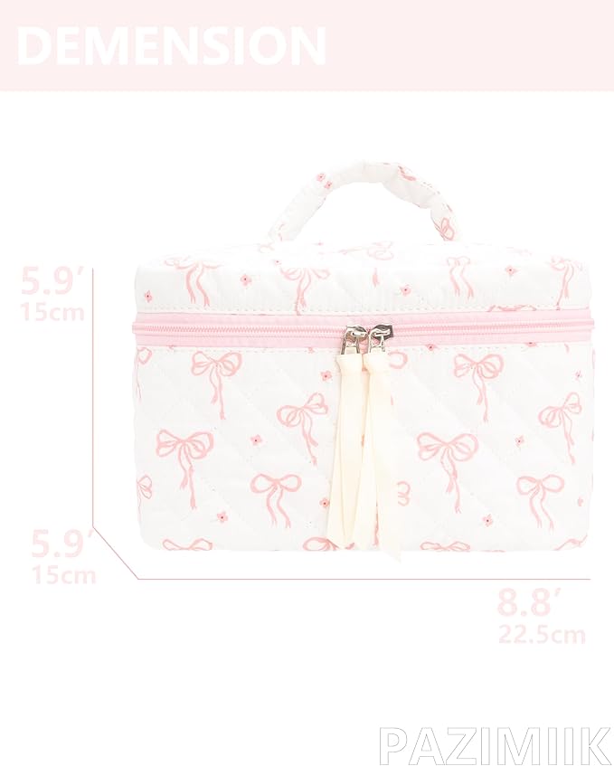 Quilted Makeup Bag Large Travel Zipper Soft Cosmetic Case for Women Girls Make Up,Bow Pink