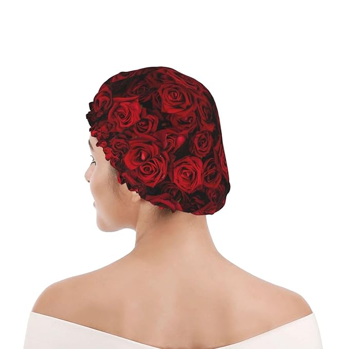 Red Rose Flowers Shower Cap For Women Reusable Waterproof Double Layers Bath Cap Hair Protection Elastic Ladies Spa Salon Shower Hat