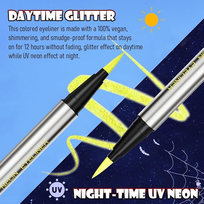 evpct Yellow Shimmer Eyeliner UV Neon Gel Eyeliner Pencil Makeup, Rainbow Halloween Colored Colorful Gel Eye Liner Pen Glow in Dark Makeup, Long Lasting Waterproof Eyeliners for Face Body Painting