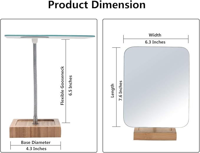 YEAKE Flexible Gooseneck Bamboo Vanity Makeup Mirror,360°Rotation 8" Large Frameless, Folding Portable Table Desk Mirror with Stand for Bathroom Shaving Make Up, Rectangle