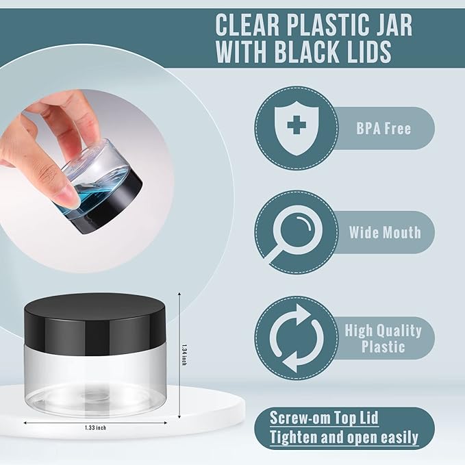 Aoriher 150 Pcs Plastic Container Jars with Lids Round Cosmetic Jars Empty Plastic Container for Lotion, Cream, Ointments, Makeup, Eye Shadow, Rhinestone, Samples, Pot, Travel Storage(1 oz,Black)