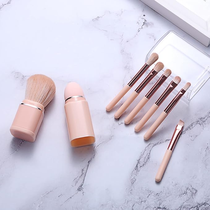 Vtrem Portable Retractable Makeup Brushes Set - 8 in 1 Travel Powder, Angled, Lip, Eyeshadow, Foundation Blending, Beauty Sponge All in One Make Up Brush Set