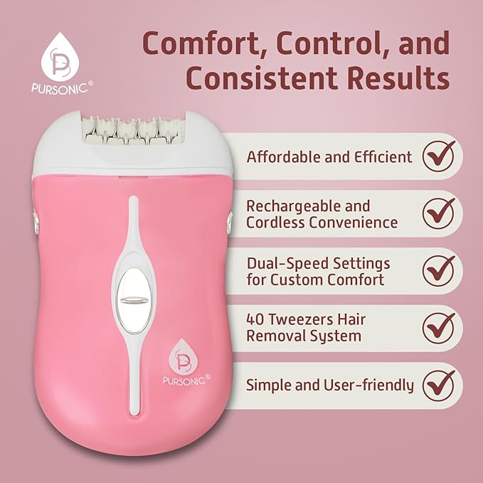 Pursonic Fe120P Cordless Epilator with 40 Tweezers - Rechargeable 2 Speed Epilators Hair Removal for Women - Compact Hair Removal Device for Arms, Legs, Underarms & Bikini Area (Pink)