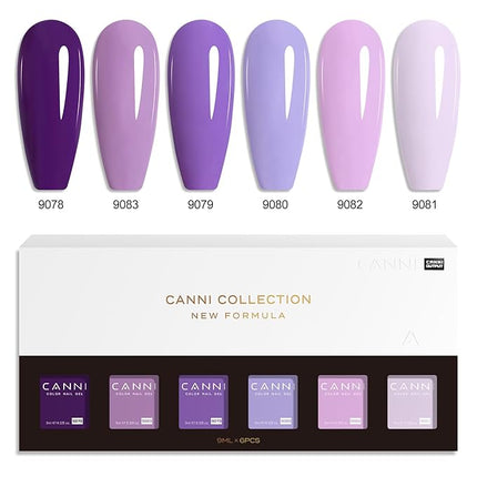 CANNI Purple Gel Nail Polish Set – 6 Colors 9ML Violet, Dark Purple, Lavender, Pastel Pink – Soak Off UV LED Nail Gel Kit for DIY Art, Summer Manicure, Home or Salon Use