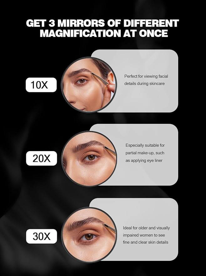 10X/20X/30X Magnifying Mirror with Suction Cups and Tweezers Set, 3.5 inches Travel Magnified Makeup Mirror, Black, 3PCS