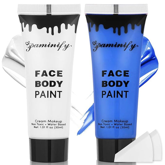 White Blue Face Body Paint with Sponges,1.01oz/pc Water Based Dark Blue Face Painting Kit for Avatar Smurf Mystique Cosplay Makeup,Halloween SFX Makeup Body Paint for Adults and Kids