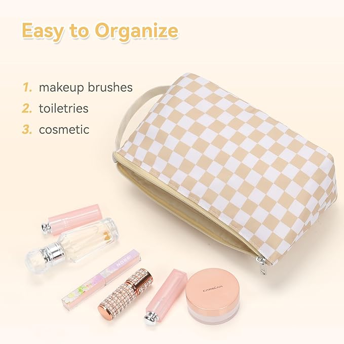 Checkered Makeup Bag Travel Cosmetic Toiletry Bag Make Up Bags with Makeup Brush Organizer Compartments for Women Girls