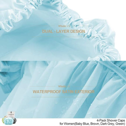 Shower Cap for Women Reusable Extra Large Shower Caps for Men Satin Double Layer EVA Waterproof Long Hair Caps(Baby Blue, Brown, Dark Grey, Green 4 Pack)