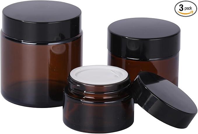 Amber Glass Jars with Lids, 1/2/4oz 3 Pack Small Glass Jars with Inner Liners, Reusable Empty Round Cosmetic Container for Creams, Lotion, Cosmetic, Spice, Powder