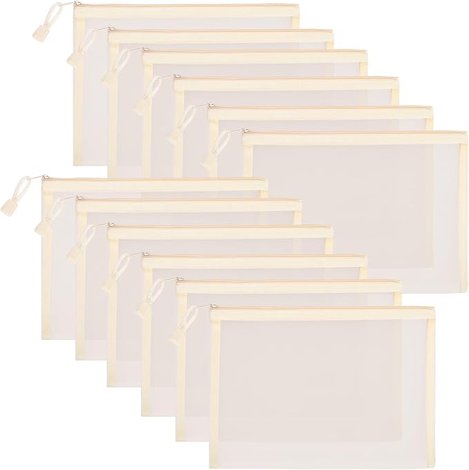 12 Pieces Zipper Nylon Mesh Pouch, Mesh Cosmetic Bags Makeup Bags Pencil Case, Multipurpose Travel Bags for Cosmetic School Office Supplies and Travel Accessories (Beige, A5)