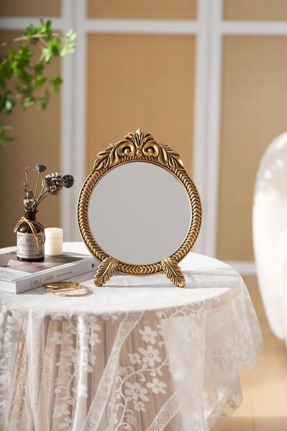 Small Round Gold Vintage Vanity Mirror – 9.5" x 12.5" Small Baroque Desktop Mirror, Antique Freestanding Dressing Table Mirror for Bedroom, Living Room, and Countertop Décor