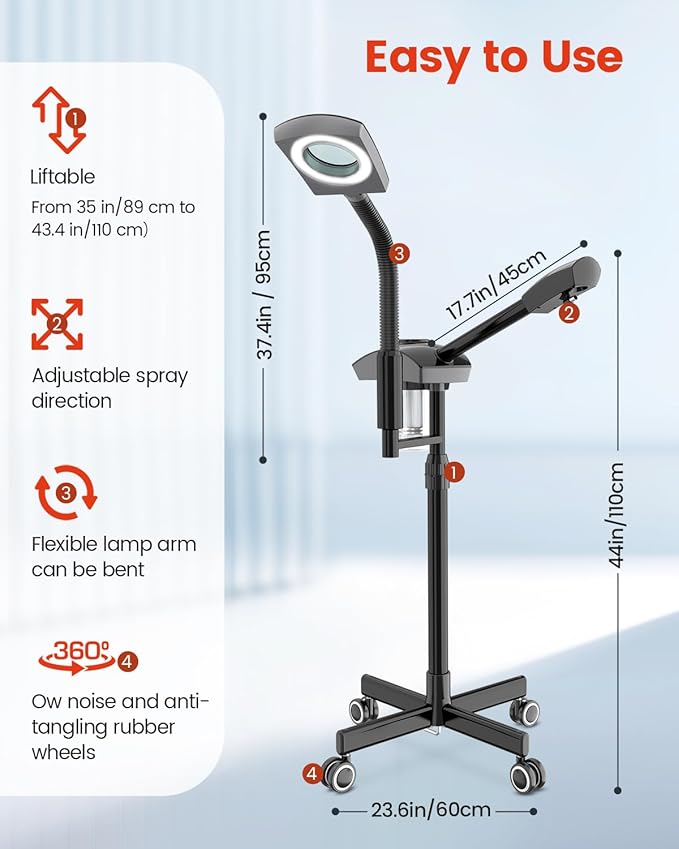 Kingsteam 2-in-1 Salon Grade Professional Facial Steamer with 5X Magnifying Lamp,Esthetician Steamer for Women,Hot Mist Face Steame: 2 Adjustable Steam Levels, 60 Min Timer & 3-Level LED Light (Black)