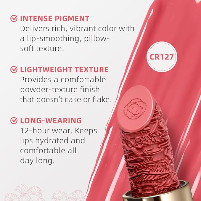 Catkin Moist Lipstick Hydrating High Impact Color Infused with Vitamin E and Avocado Oil Smooth Soft Texture Long Lasting Pink Glow Finish 127