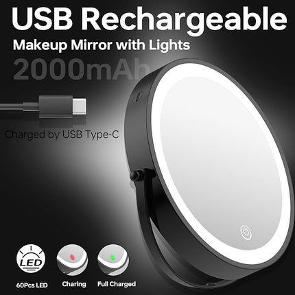 Wall Mounted Makeup Mirror with Lights, 8" Bathroom Vanity Magnifying Mirror Wall Mount with 1X/10X Magnification and Extendable Arm,Black