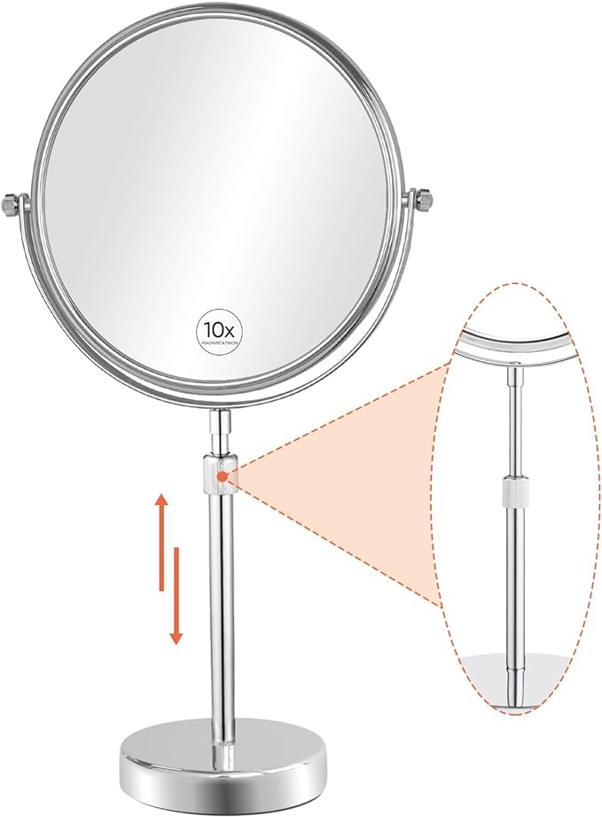 Nicesail 19 Inch Tall Makeup Mirror with 10X Magnification, Make up Mirror 8 Inch Double-Sided, Table Mirror with Pedestal for Shaving, Standing Mirror Height Adjustable Chrome Finish (8 Inch, 10X)