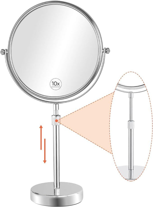 Nicesail 19 Inch Tall Makeup Mirror with 10X Magnification, Make up Mirror 8 Inch Double-Sided, Table Mirror with Pedestal for Shaving, Standing Mirror Height Adjustable Chrome Finish (8 Inch, 10X)