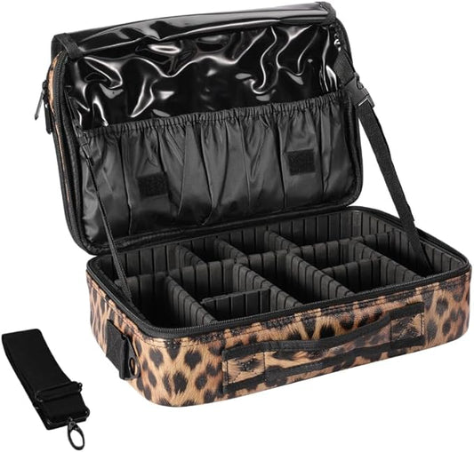 Makeup Case Large Travel Makeup Bag 3 Layers Cosmetic Train Case Cosmetic Organizer Brush Holder Waterproof Makeup Storage Bag with Adjustable Dividers and Shoulder Strap (Leopard)