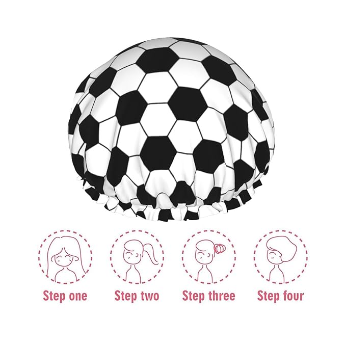 Sport Football Pattern Shower Cap For Women Reusable Waterproof Double Layers Bath Cap Hair Protection Elastic Ladies Spa Salon Shower Hat