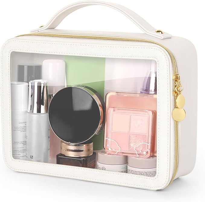 Clear Makeup Bag, Portable Travel Cosmetic Bags, Multipurpose Leather Toiletry Bag with Zipper, Waterproof Transparent Cosmetic Organizer for Women, Large, Beige