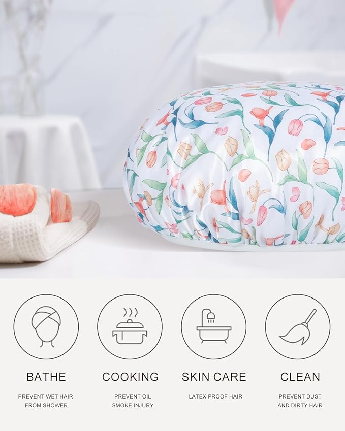 Shower Cap, Terry lined Reusable shower caps, Large Shower Cap for Women, Waterproof Hair cap Triple Layer Shower Caps for Long Thick Hair