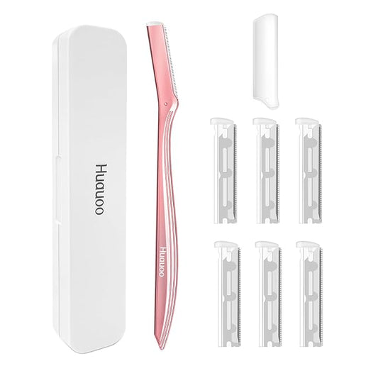 Dermaplane Razor for Women Face, Stainless Steel Handle with 6 Replaceable Blades, Huauoo Face Razors for Women, Peach Fuzz Remover, Eyebrow Trimmer, Dermaplaning Tool for Face Exfoliation (Pink)