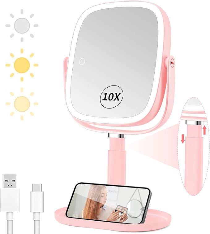 Lighted Makeup Mirror, 2600mAh Rechargeable 1x/10x Magnifying Vanity Mirror, 8.5" Height Adjustable Makeup Mirror with Lights 3 Color, 360° Rotation 2-Sided Light up Large Desk Mirror - Pink