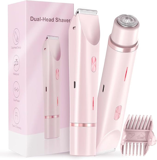 Women Bikini Trimmer, Dual-Head Hair Trimmer for Women,2-in-1 Bikini Shaver with Ceramic Blade Heads & Type-C Charging Port, Electric Razors for Women Pubic Hair,Underarms,Legs,Arms,Face (Light Pink)