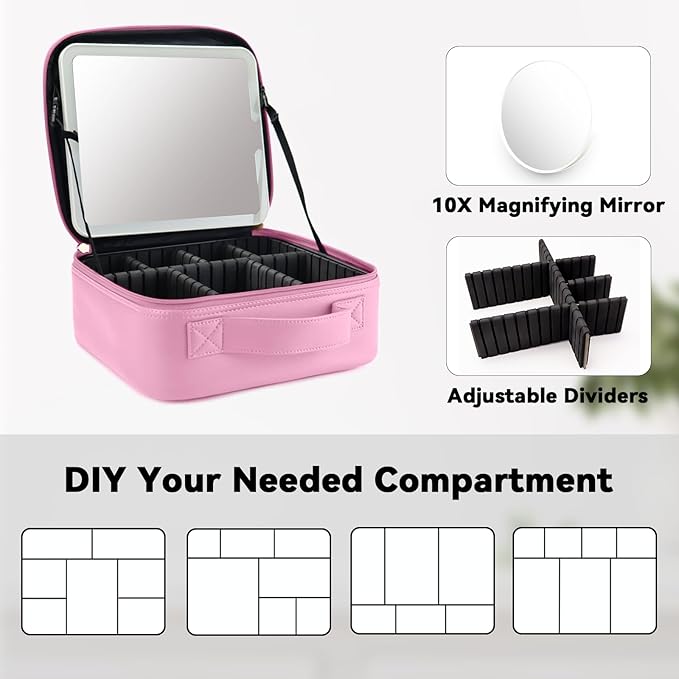 Travel Makeup Bag with LED Mirror and 10x magnifying glass with 3 Lighted Settings, Adjustable Dividers and Makeup Brush Storage Bag Dark Pink