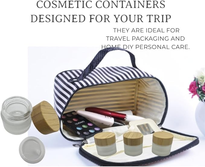 Empty Refillable Frosted Glass Cosmetic Jar 4 Pack Mini 10g/0.33oz with Bamboo Lids,Skin Care Travel Containers Pot Vial Holder Sample Storage for Eye Cream Lotion Ointments Lip Balm