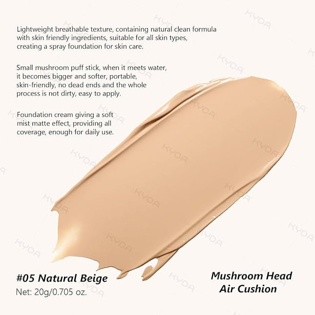 KYDA Mushroom Head Air Cushion BB Cream, Mushroom Foundation for Older Women, Lasting Moisturizing CC Cream Foundation for Mature Skin, Even Skin Tone Concealer Makeup, 0.705Oz, Natural Beige