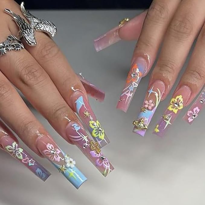 Dornail 8 Sheets 3D Colorful Flower Nail Stickers,Hollow White Hibiscus Flowers Nail Art Stickers Blooming Pink Hibiscus Floral Leaf Nail Decals for Women DIY Nail Art Supplies Nail Designs Nail Decor